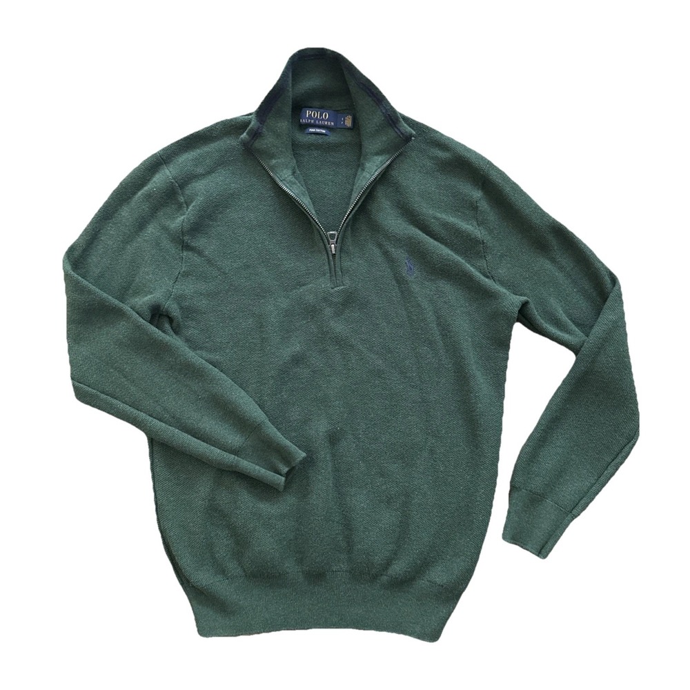 Polo Ralph Lauren Sweater Men Small Green Pima Cotton Quarter Zip Pullover Logo